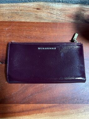Beautiful Burberry Deep Burgundy Patent Leather Zip Wallet with Gold Hardware!